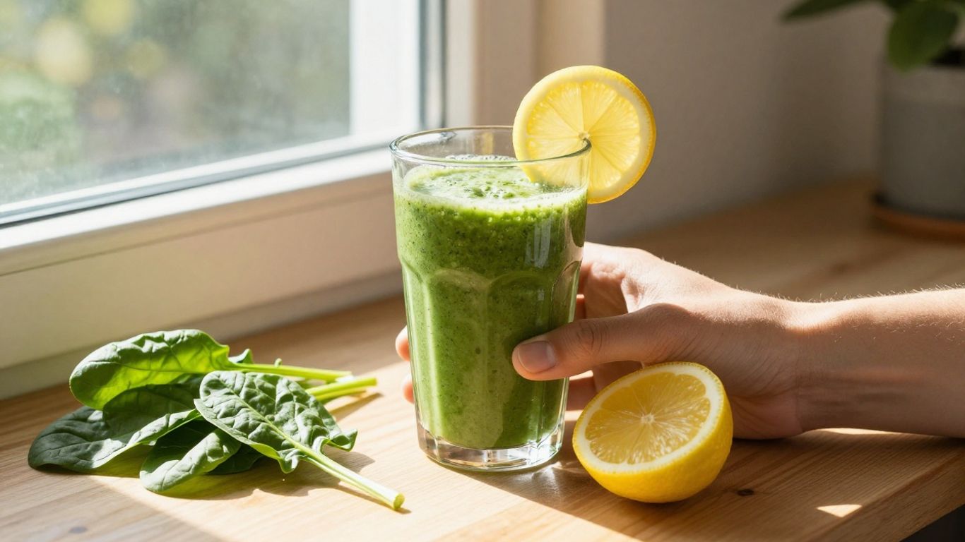 Grüner Smoothie mit Spinat und Zitrone im Sonnenlicht