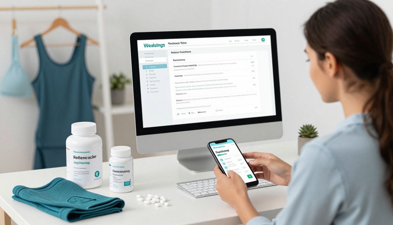 Bright modern health-tech scene with a diverse adult reviewing a wellness tracking app beside organized supplements, lab results, fitness gear, and a weekly recovery routine; clean realistic lighting, no text or logos.