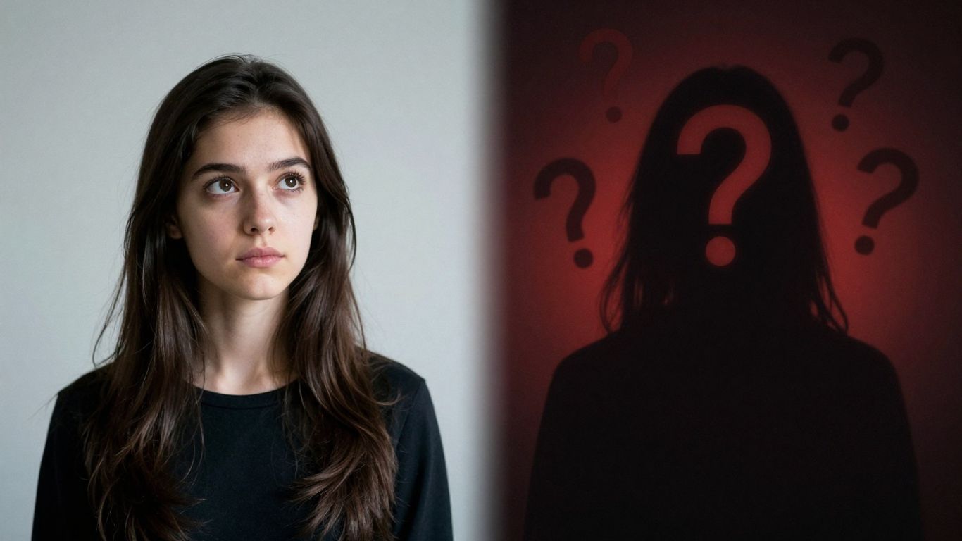 Persona esperanzada y figura sombría con signos de interrogación.