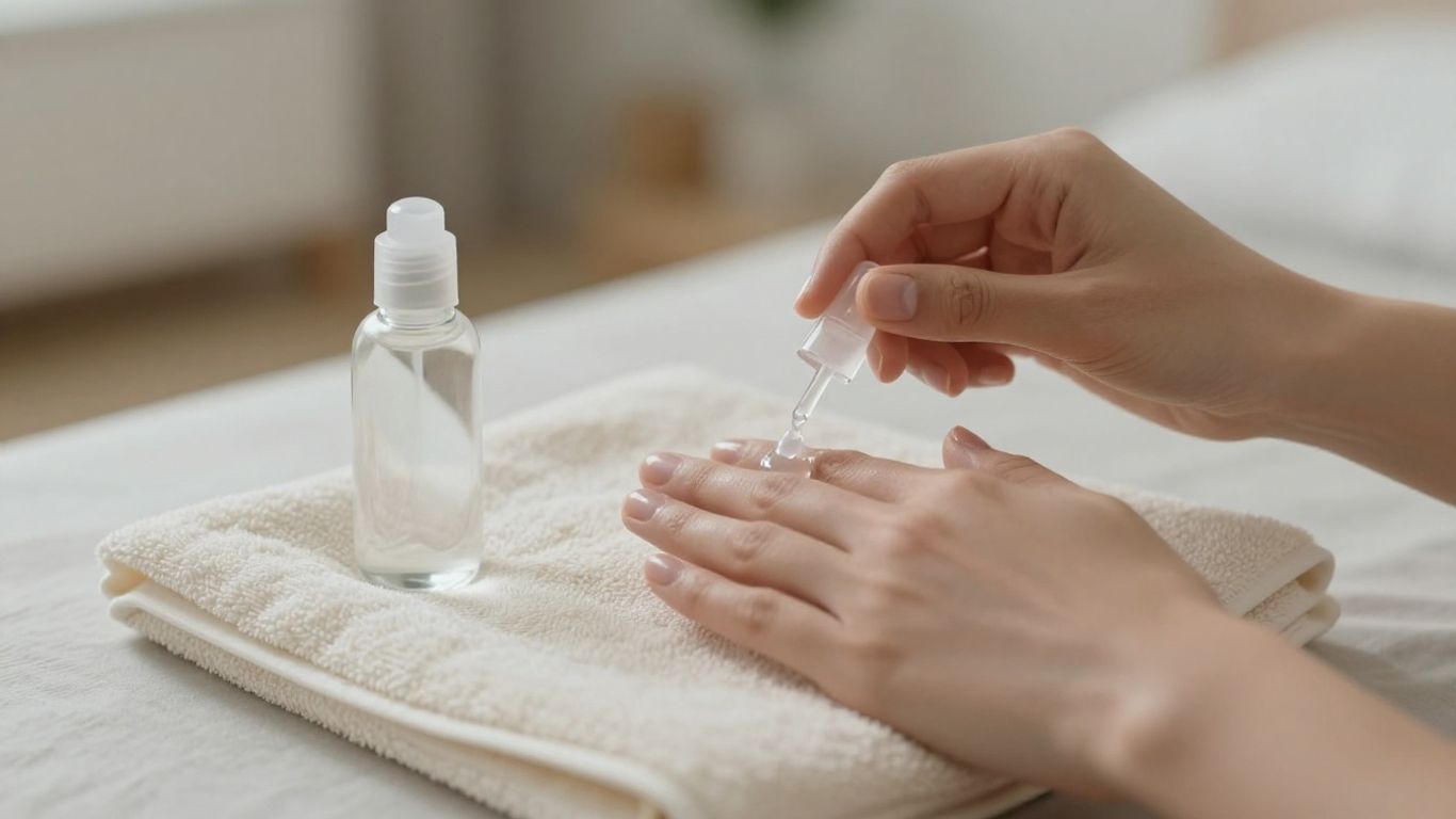 Hands applying lubricant beside a glass toy
