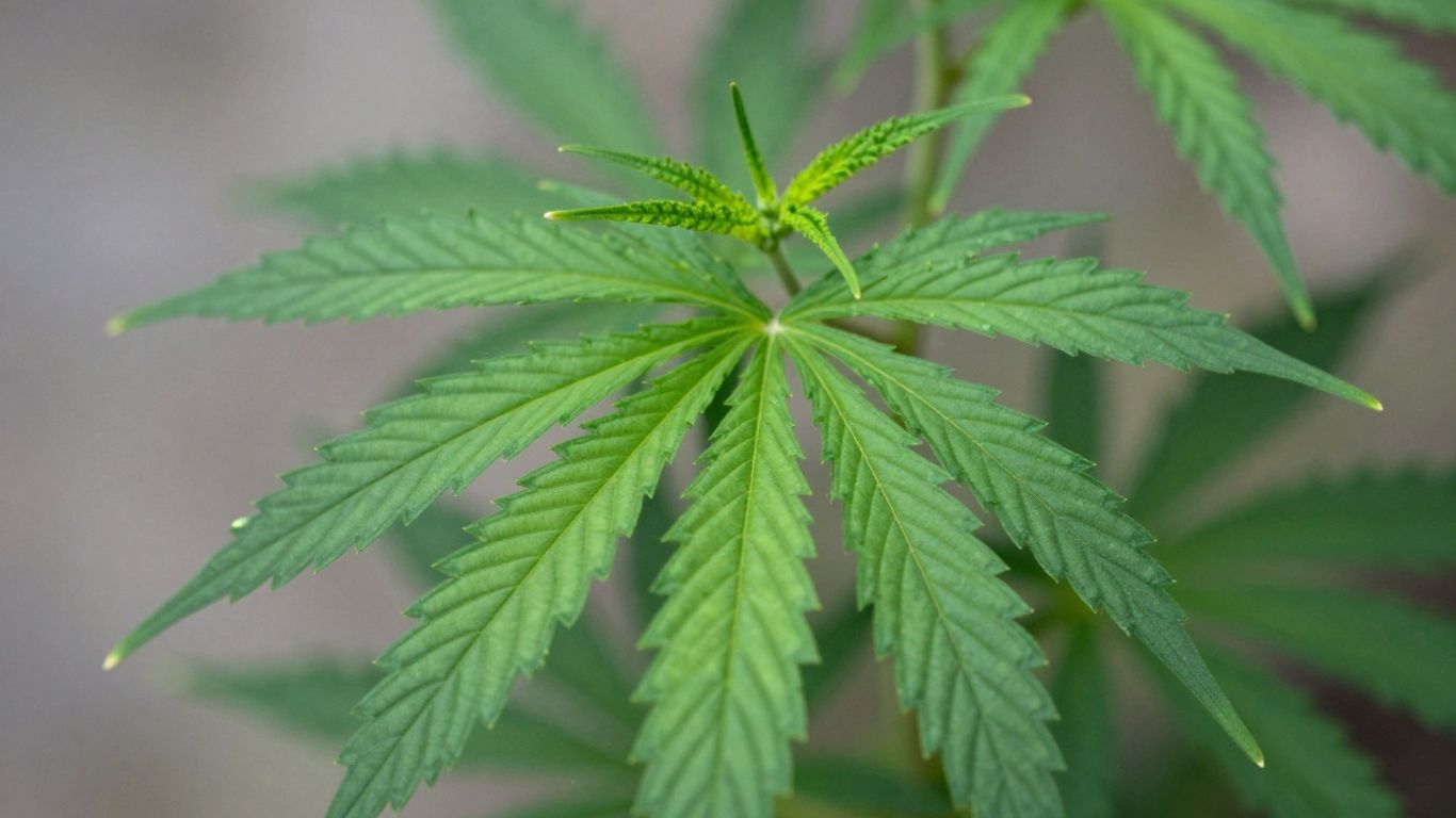 Cannabis leaf with glowing particles, indicating potency.