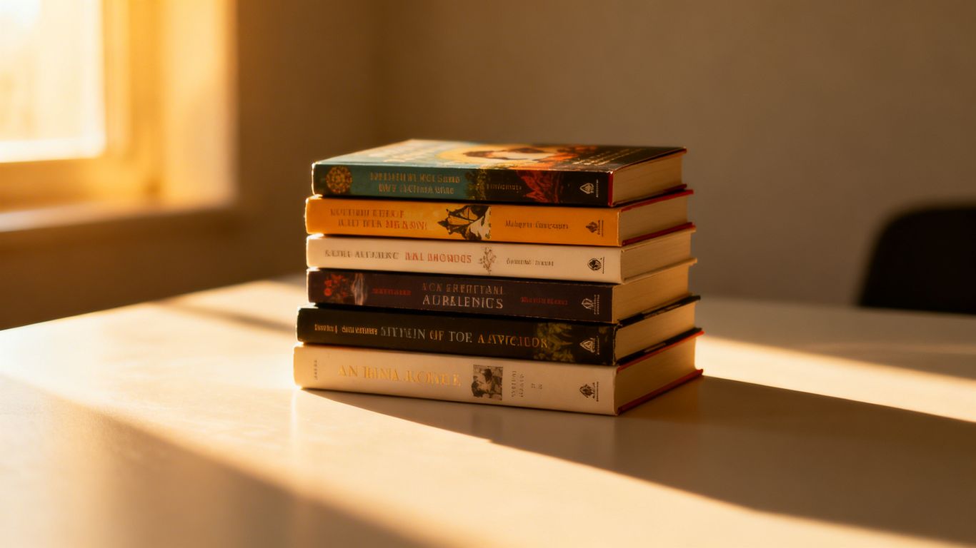Eight minimalist books stacked neatly on a surface.