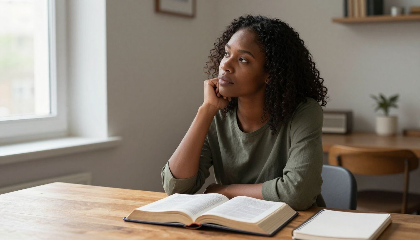 A Black woman sits at a wooden table in a sunlit room, with an open Bible and a journal in front of her, looking thoughtfully out a window.
