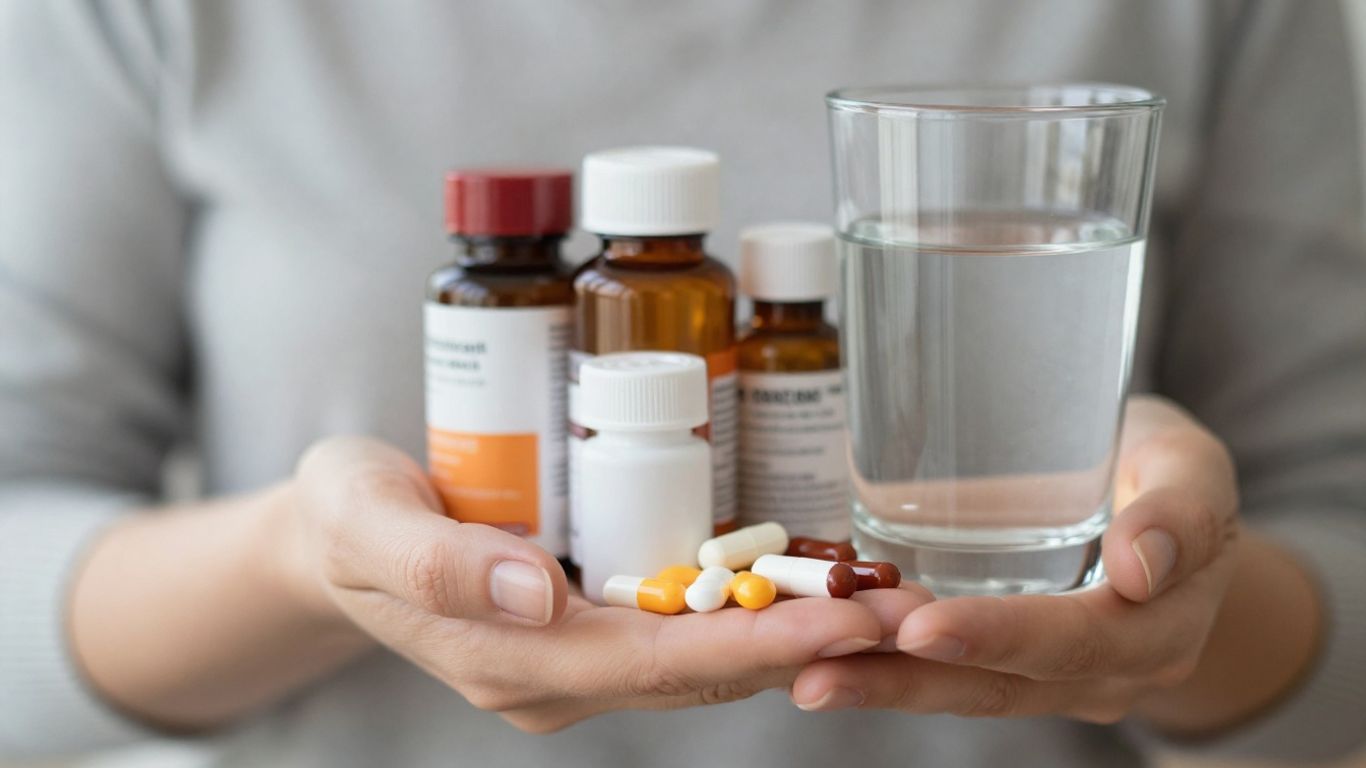 Mãos segurando comprimidos e um copo de água para tratamento da SOP.