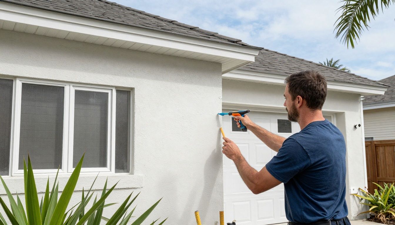 A professional stucco installation team providing exterior home improvement services on a residential property