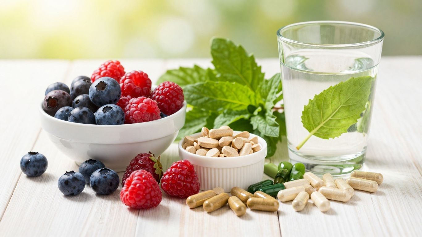 Daily gut wellness stack with fiber-rich foods and supplements.