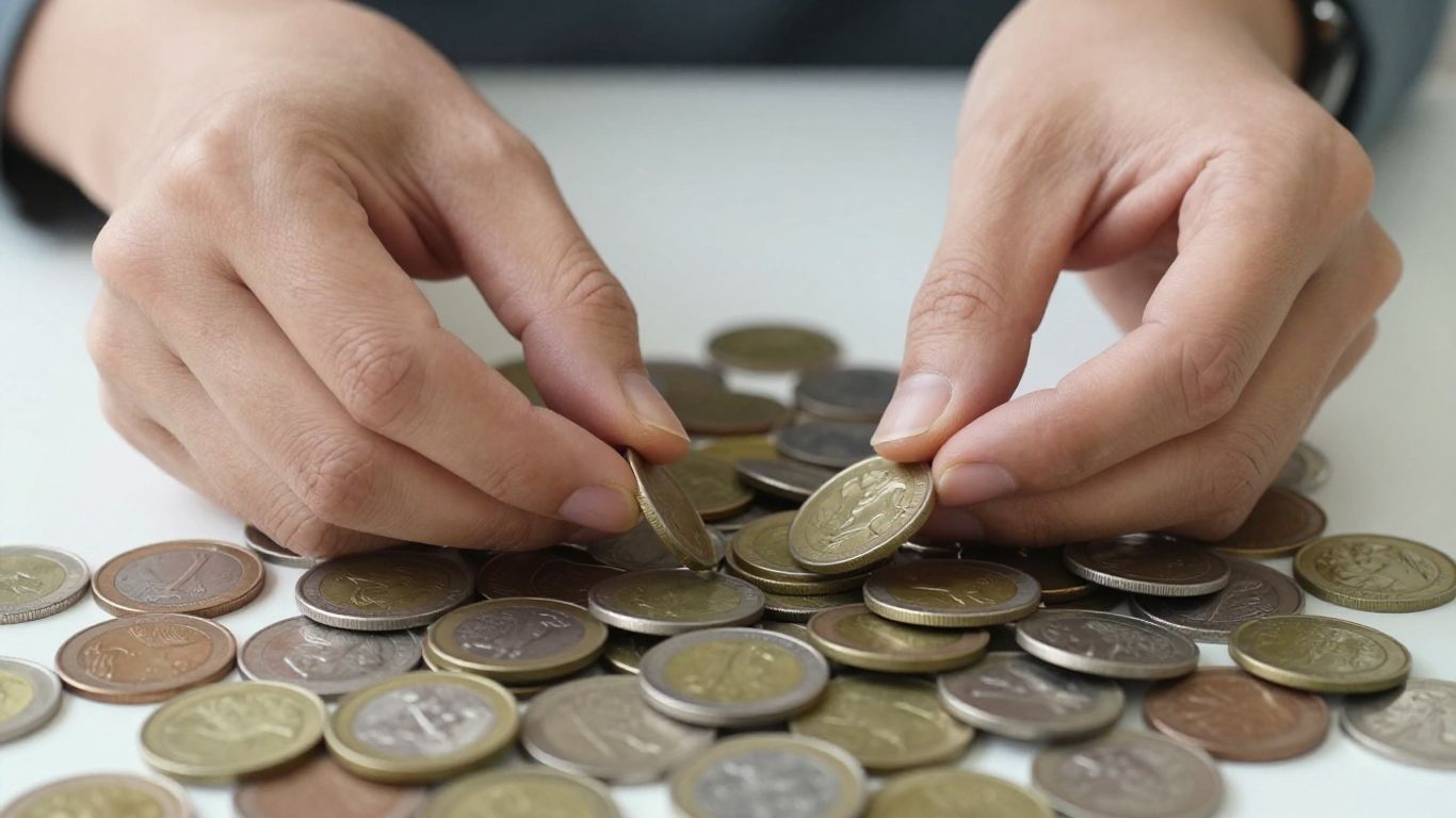 Hands sorting a variety of old and new coins.