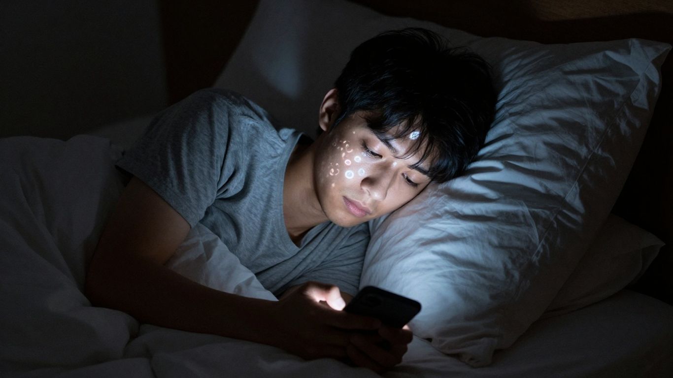 Pessoa usando celular à noite no quarto