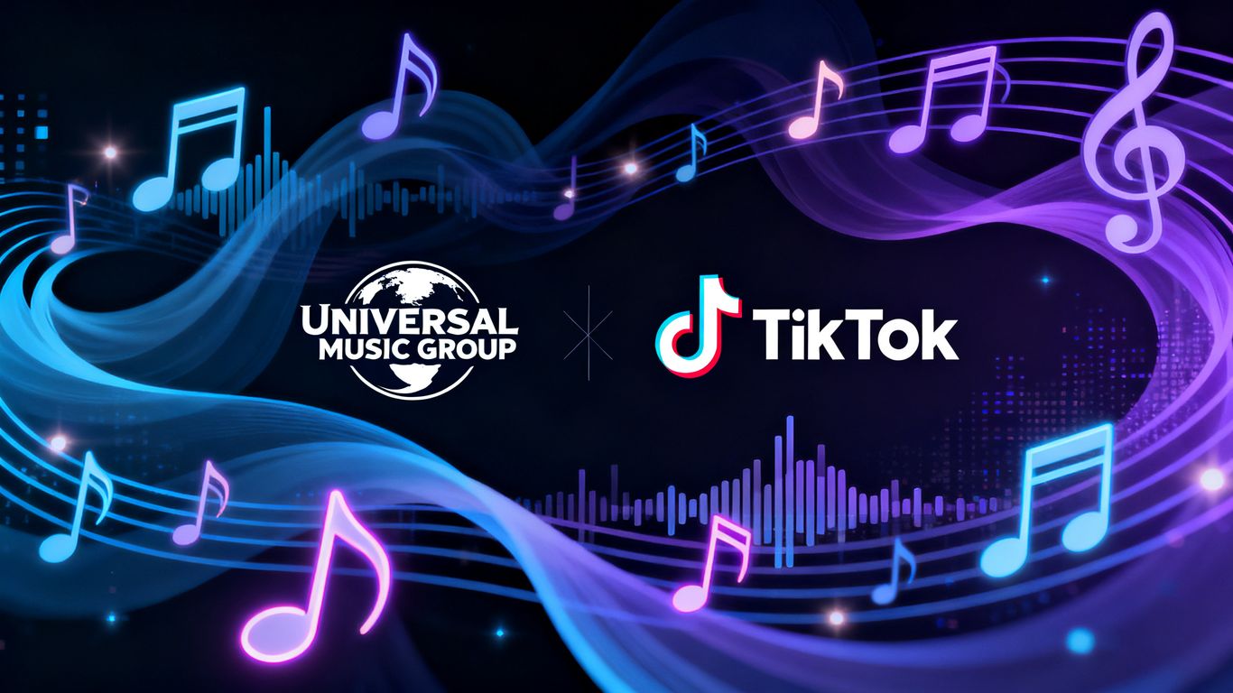 Universal Music Group and TikTok logos merging with musical notes.