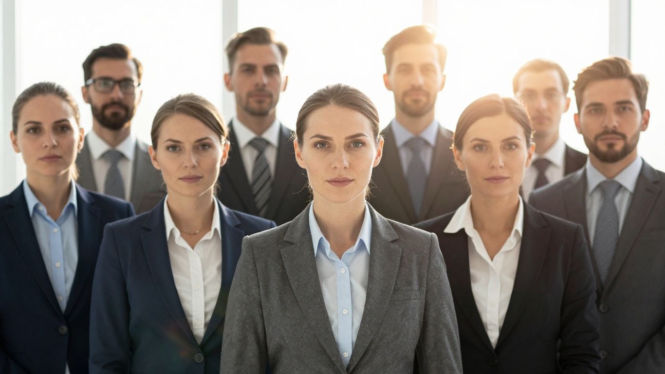 Business leaders in professional attire, looking forward.