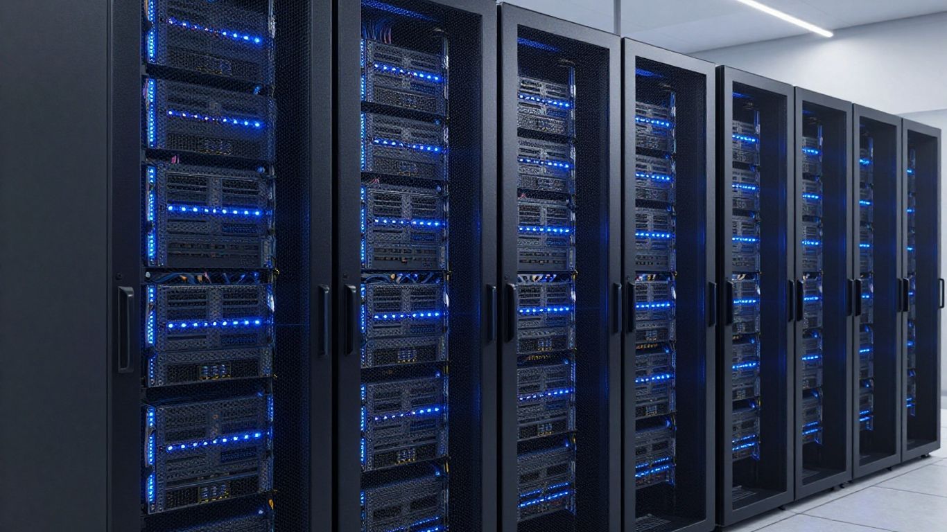 Servidores en sala de datos con luces azules.
