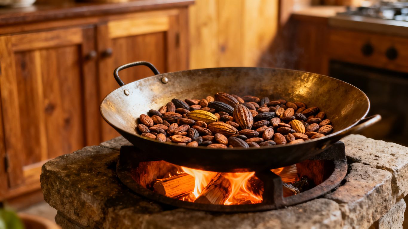 cacao roasting over an open home hearth