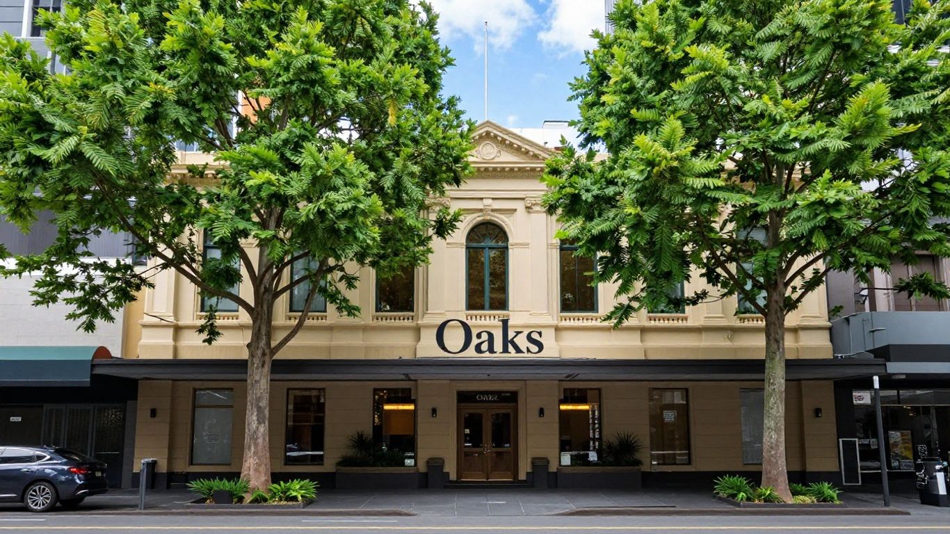 Oaks Melbourne on Market hotel exterior with trees.