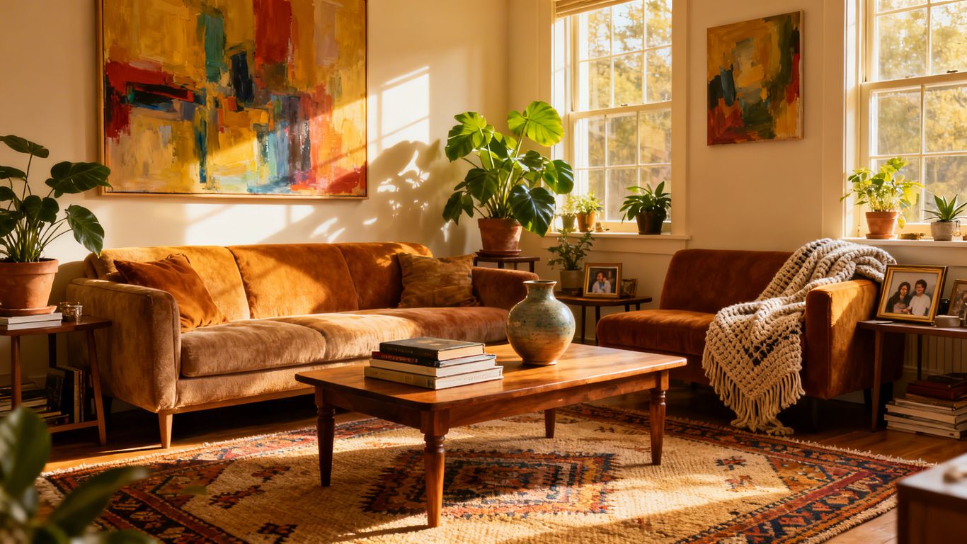 Cozy living room with personal decor and natural light.