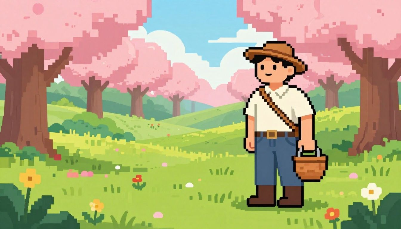 Um fazendeiro trabalhando em sua plantação vibrante durante a primavera em um cenário pixel art aconchegante