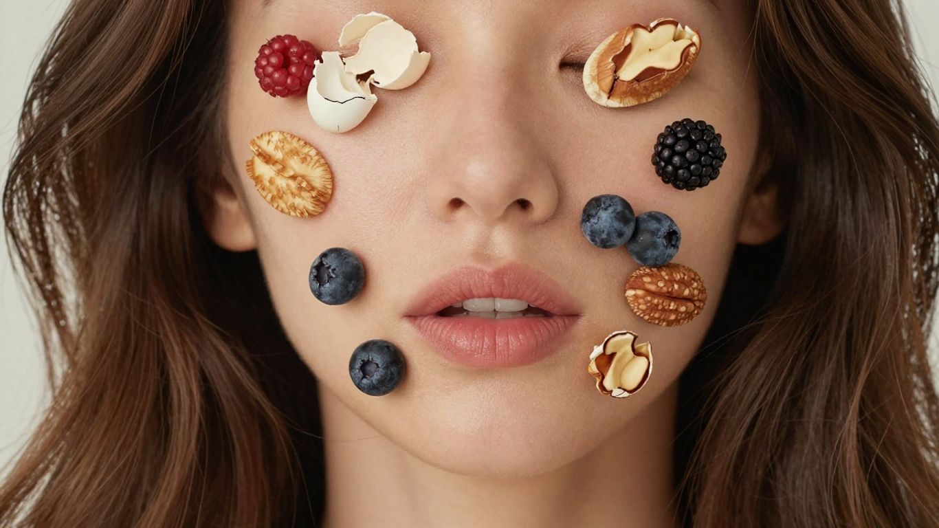 Woman with healthy hair and skin, surrounded by biotin-rich foods.