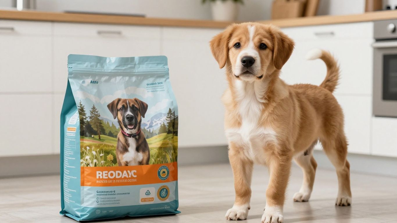 Chiot curieux examinant son sac de croquettes