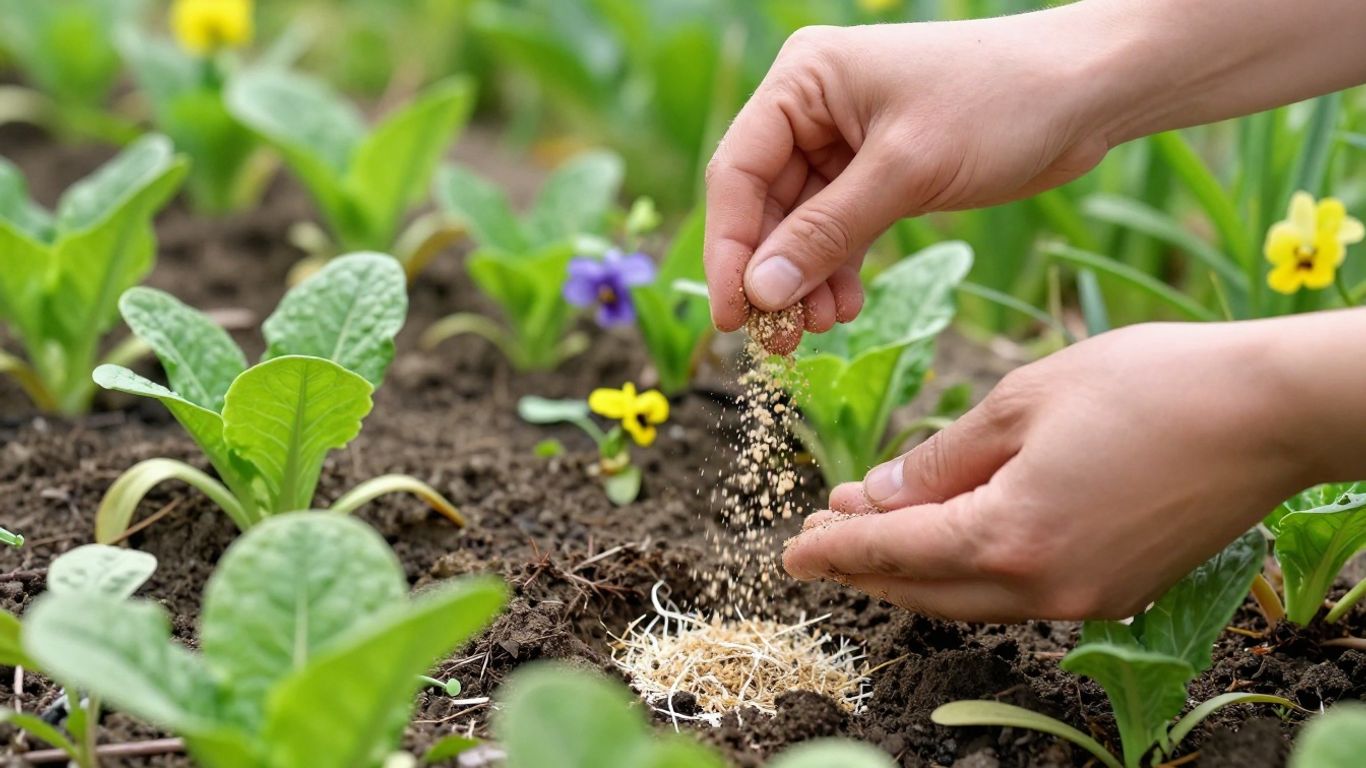 Bio-Gärtnerhand düngt Frühlingserde im grünen Garten