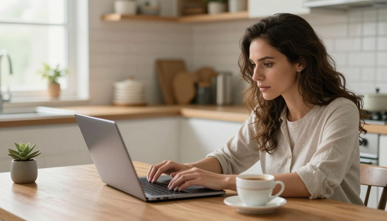 A determined mother sits at her kitchen table in the early morning light, focused on her laptop where she is organizing her goals, with a cup of coffee beside her.