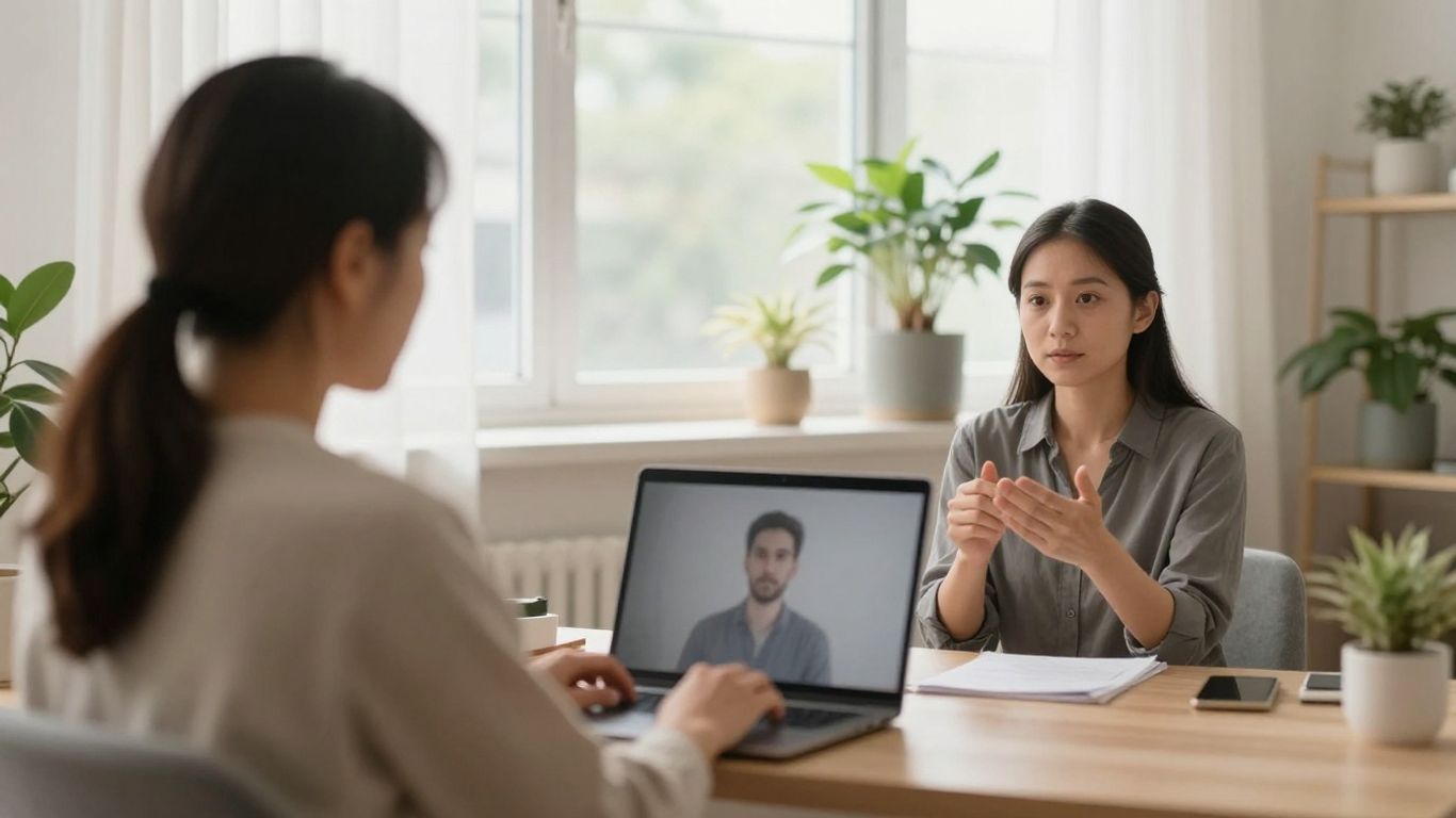 Pessoa em consulta psicológica por videochamada
