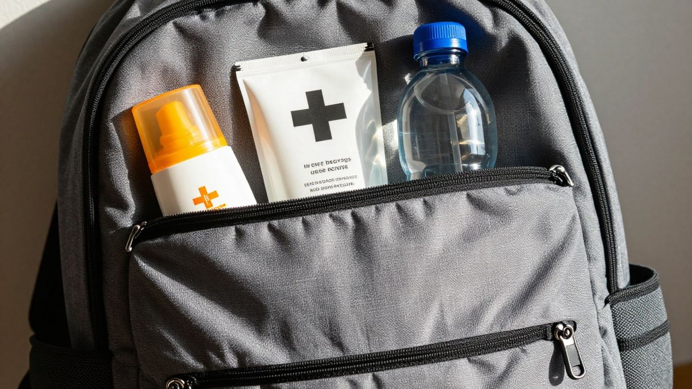 Healthy travel items packed in a backpack for a trip.