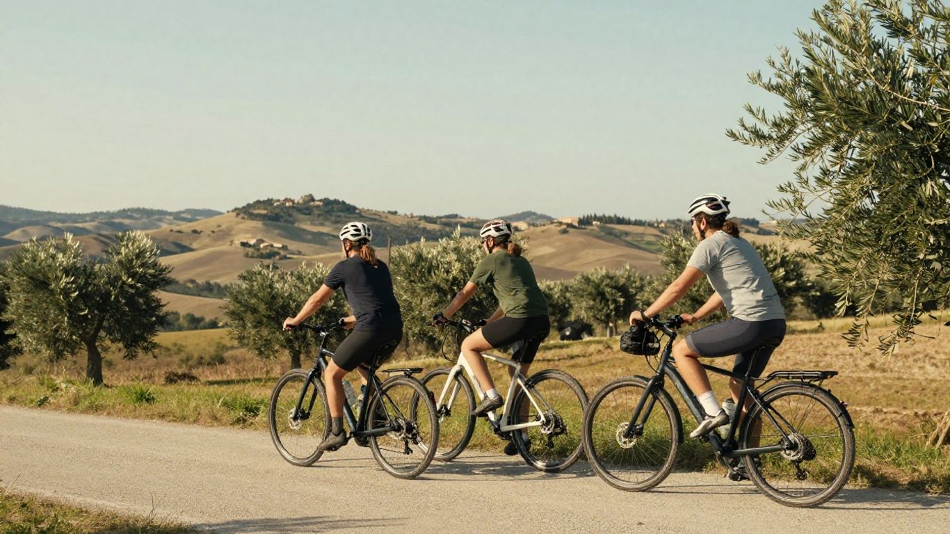 E-bike riders pausing on a lane above the Adriatic