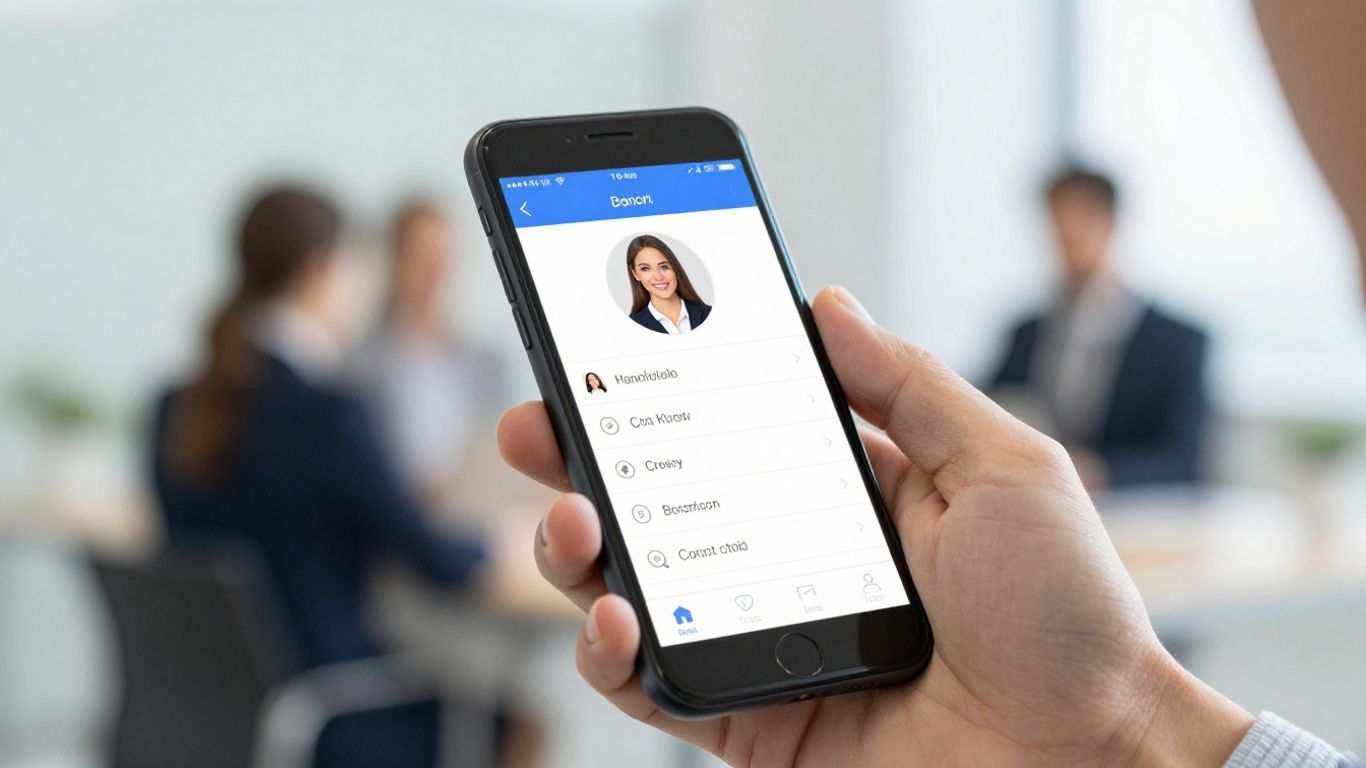 Person holding phone with business owner contact info