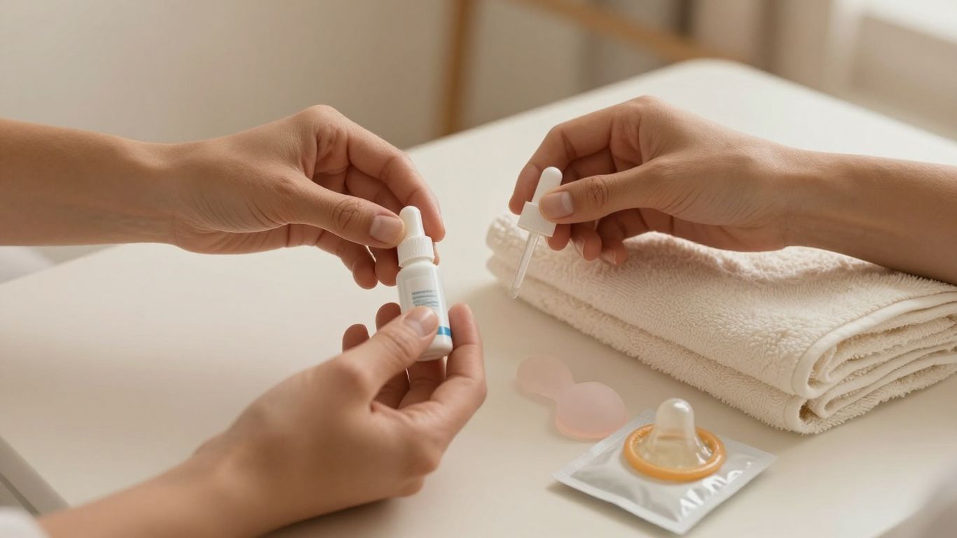A couple selecting lubricant beside soft towels