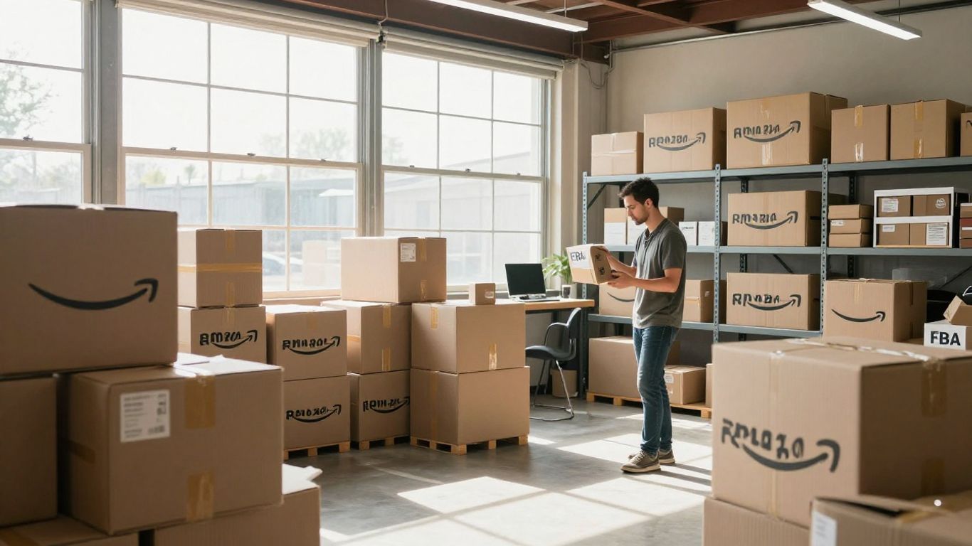 Amazon FBA warehouse with organized boxes and a person inspecting products.
