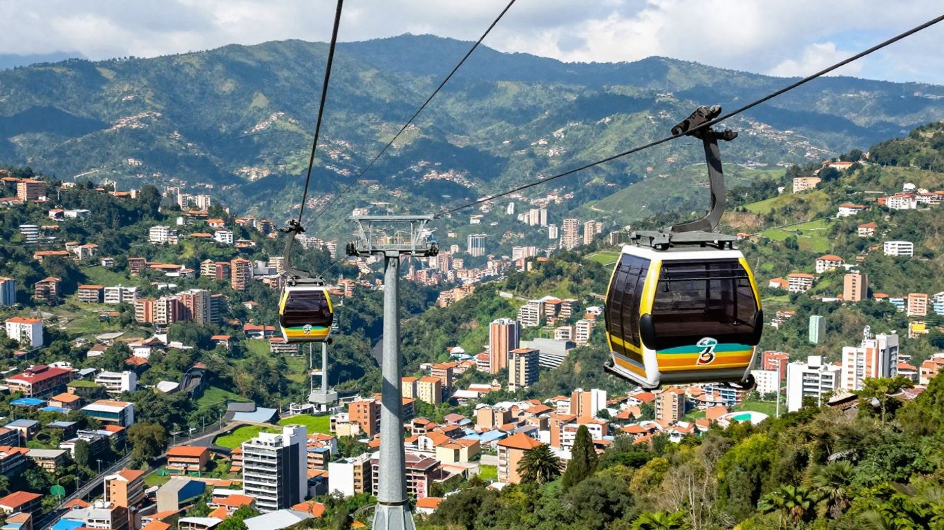 Medellin Metrocable Line J aerial view over city