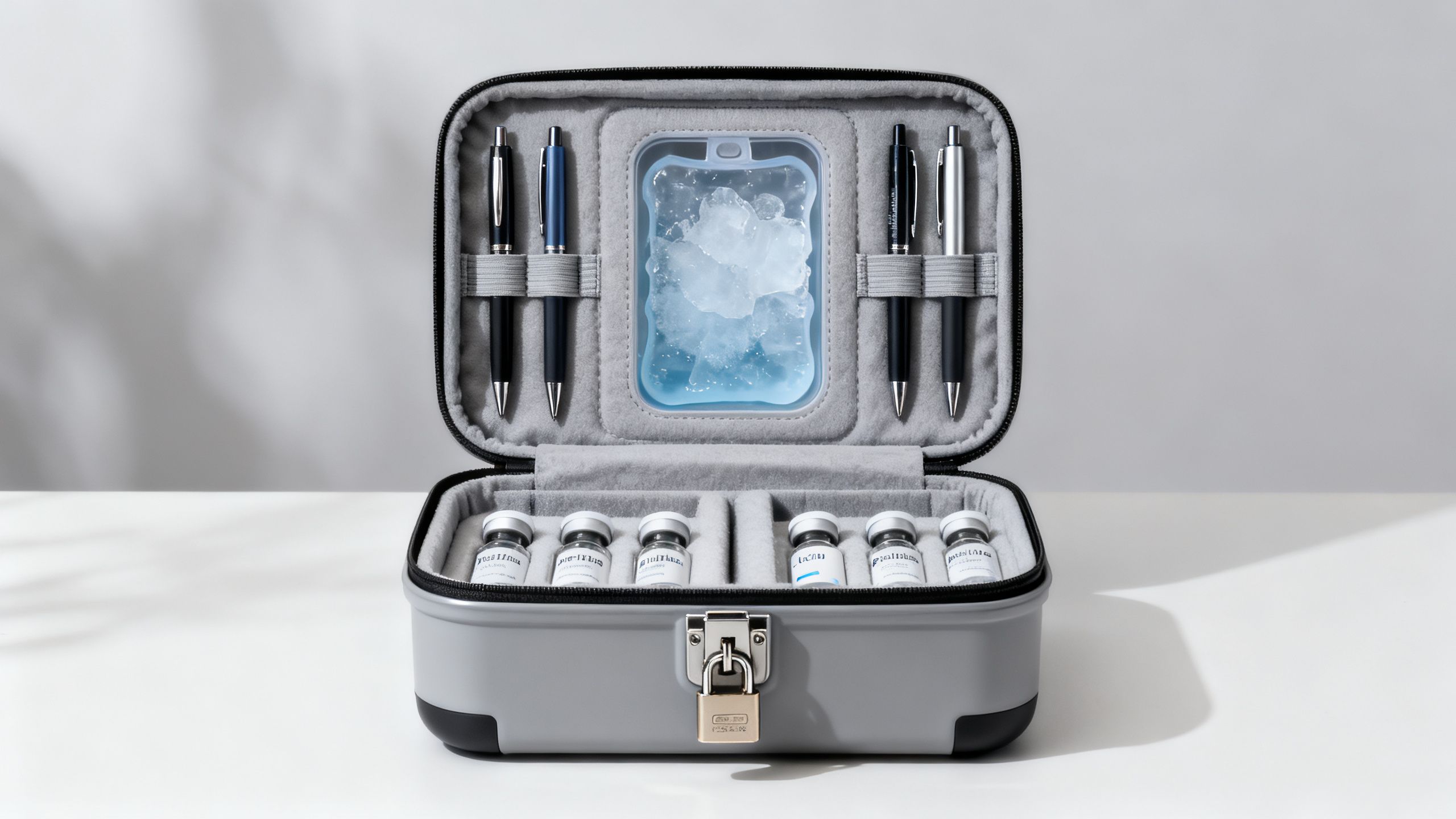 A compact peptide travel kit with frozen center ice pack, pens, and vials organized for airport travel