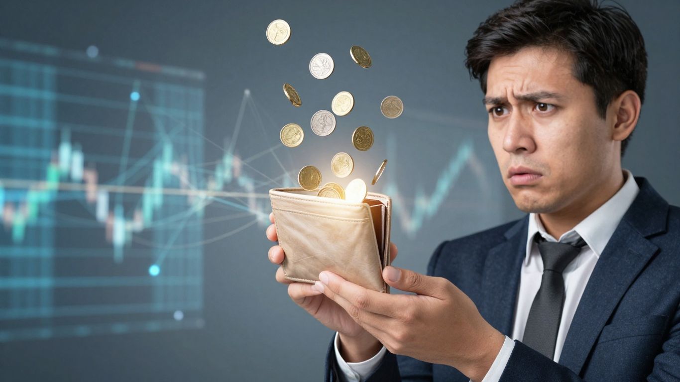 Persona preocupada con dinero cayendo de su billetera.