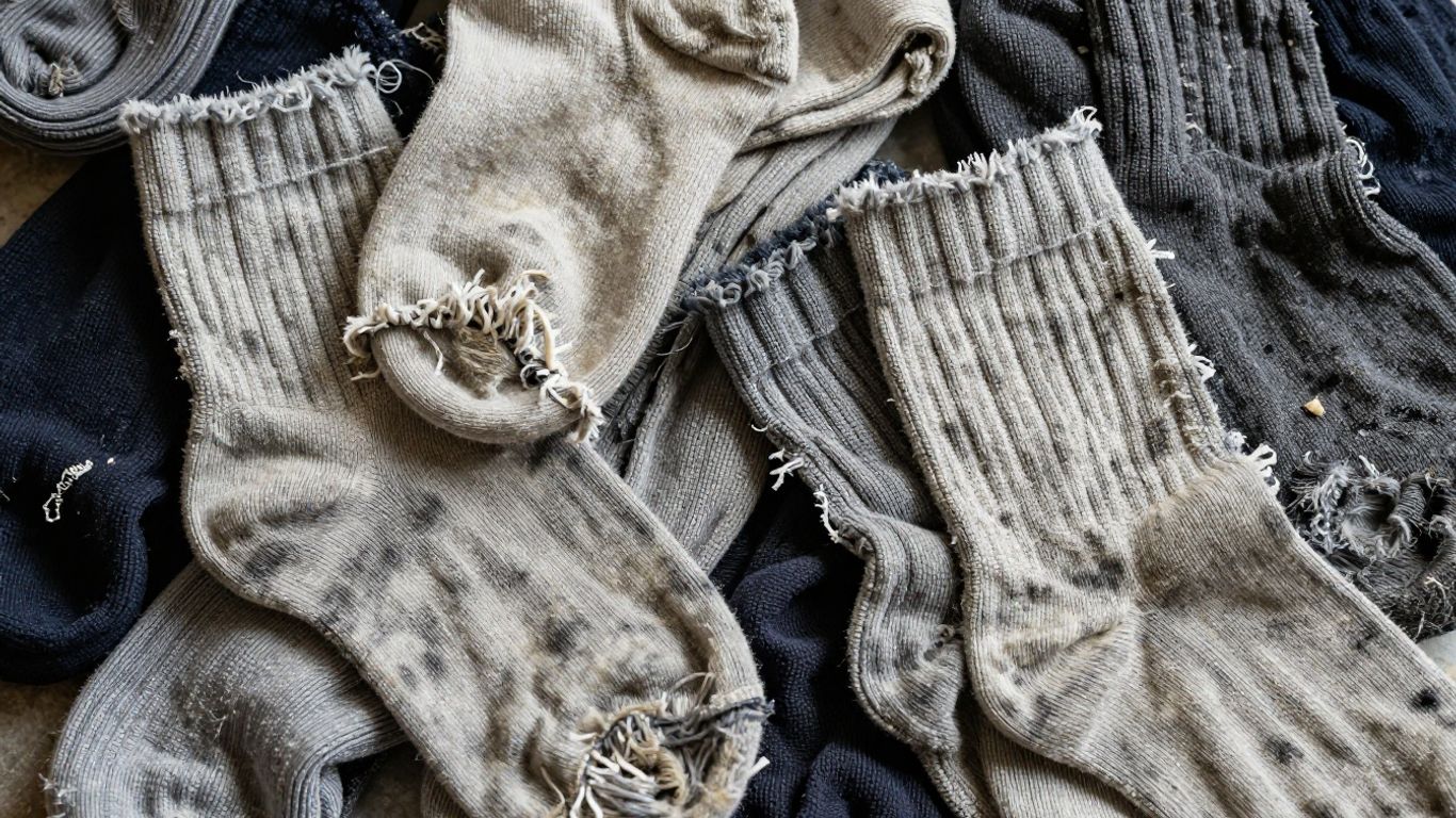 Worn-out work socks showing signs of needing replacement.