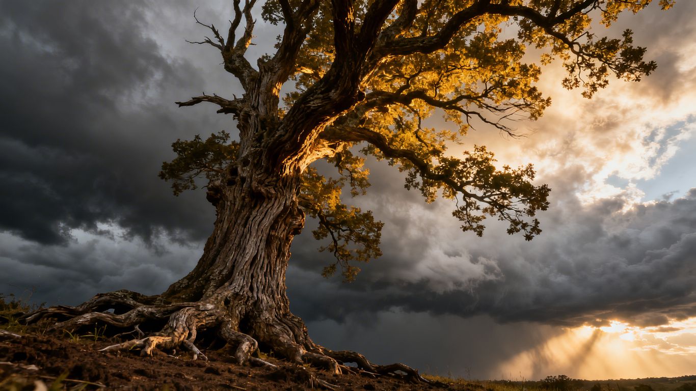 Strong oak tree enduring a storm with sunlight breaking through.