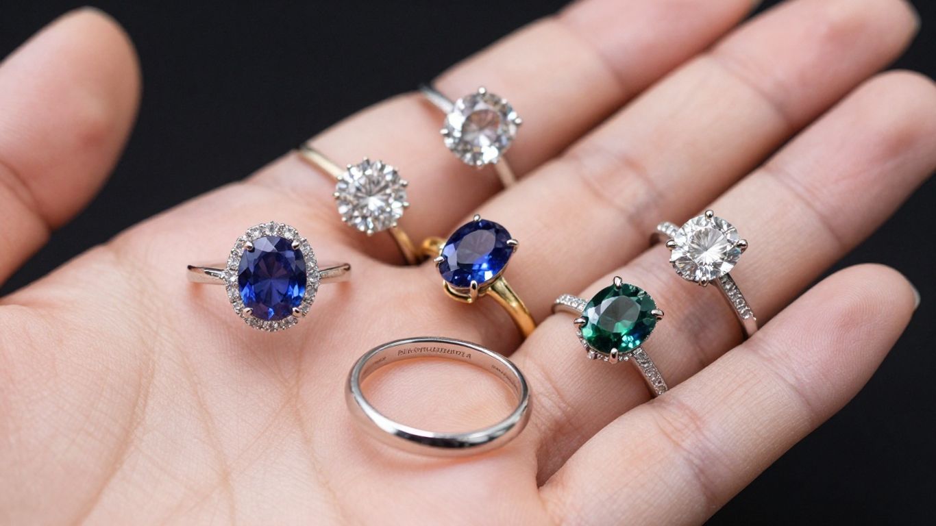 Engagement rings with diverse gemstones and metals.