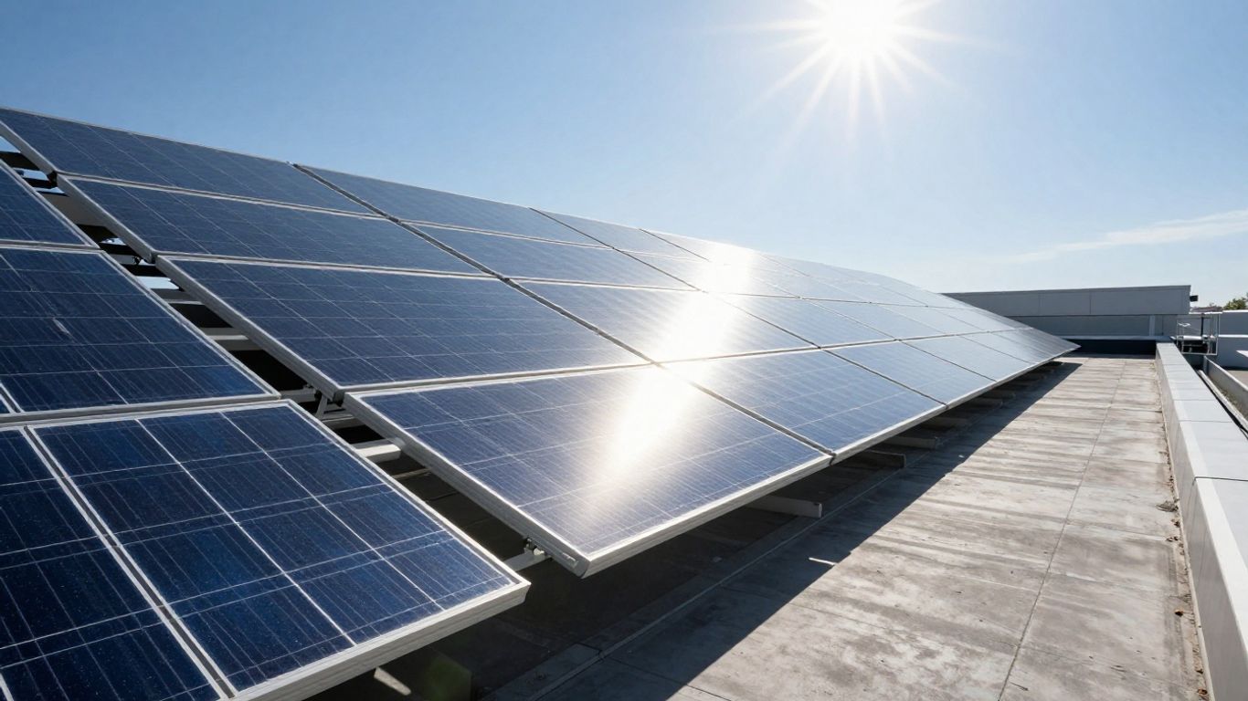Modern solar panels on a rooftop under the sun.