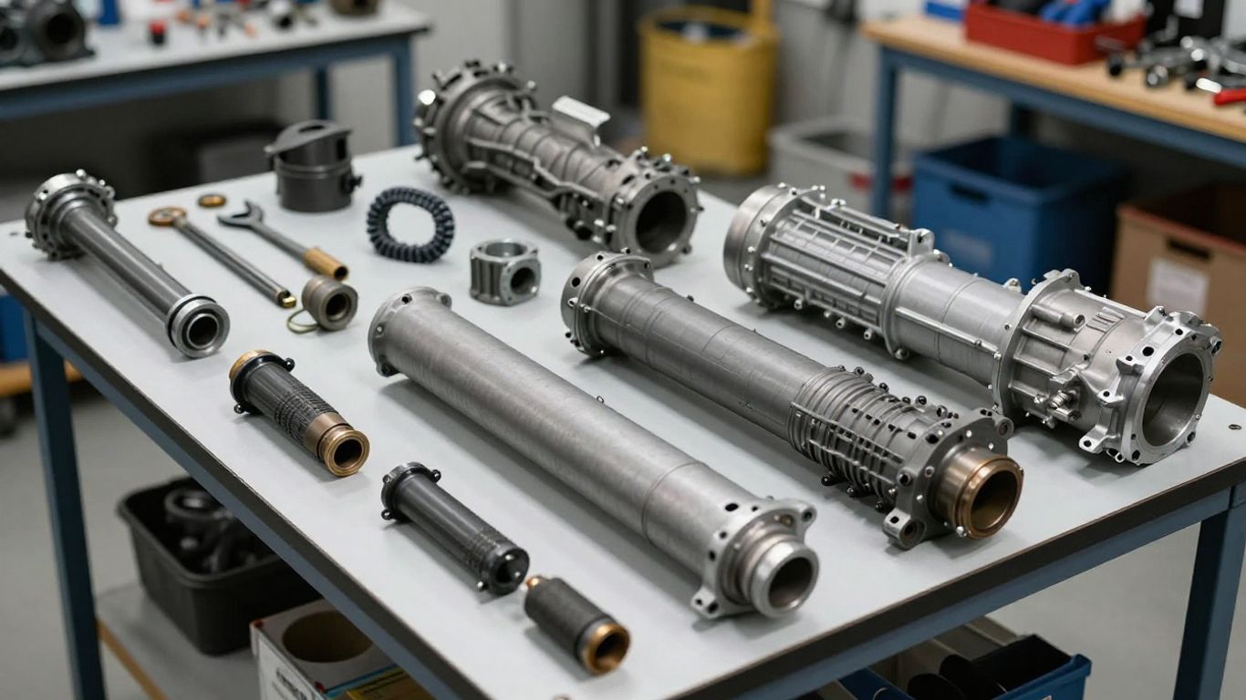 Automotive workshop with car transmissions and tools.