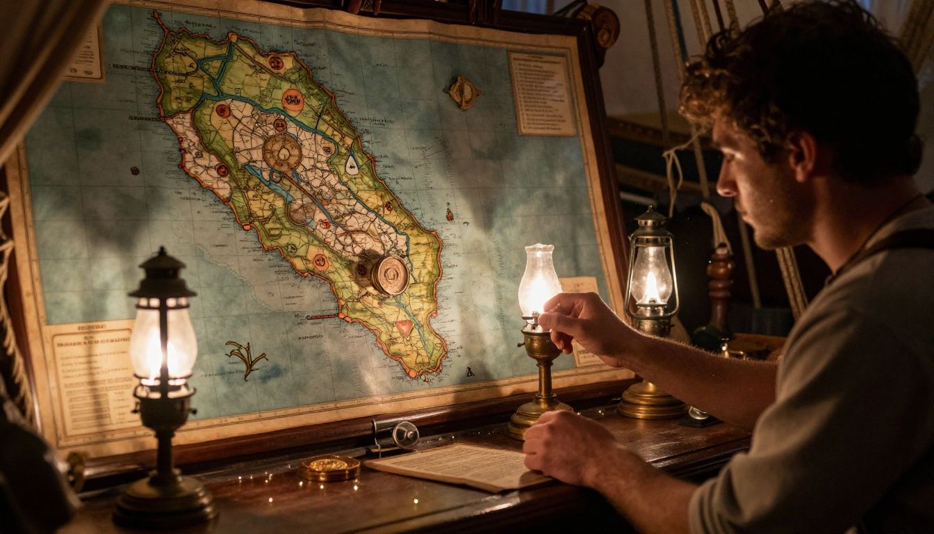 Detalhe de um mapa do tesouro sendo segurado contra a luz das lanternas dentro de um navio, com partículas de poeira e efeitos de iluminação atmosférica