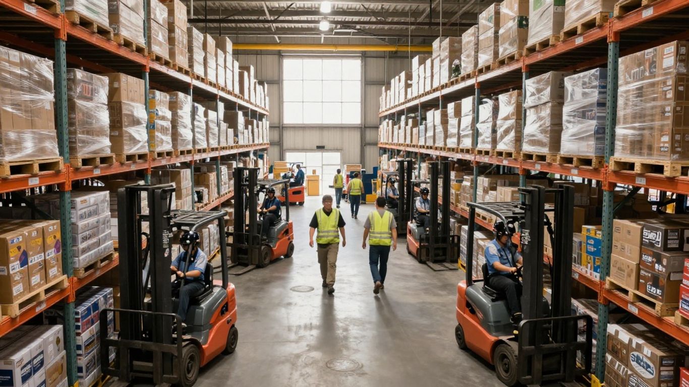 Distribution center operations with workers and forklifts.