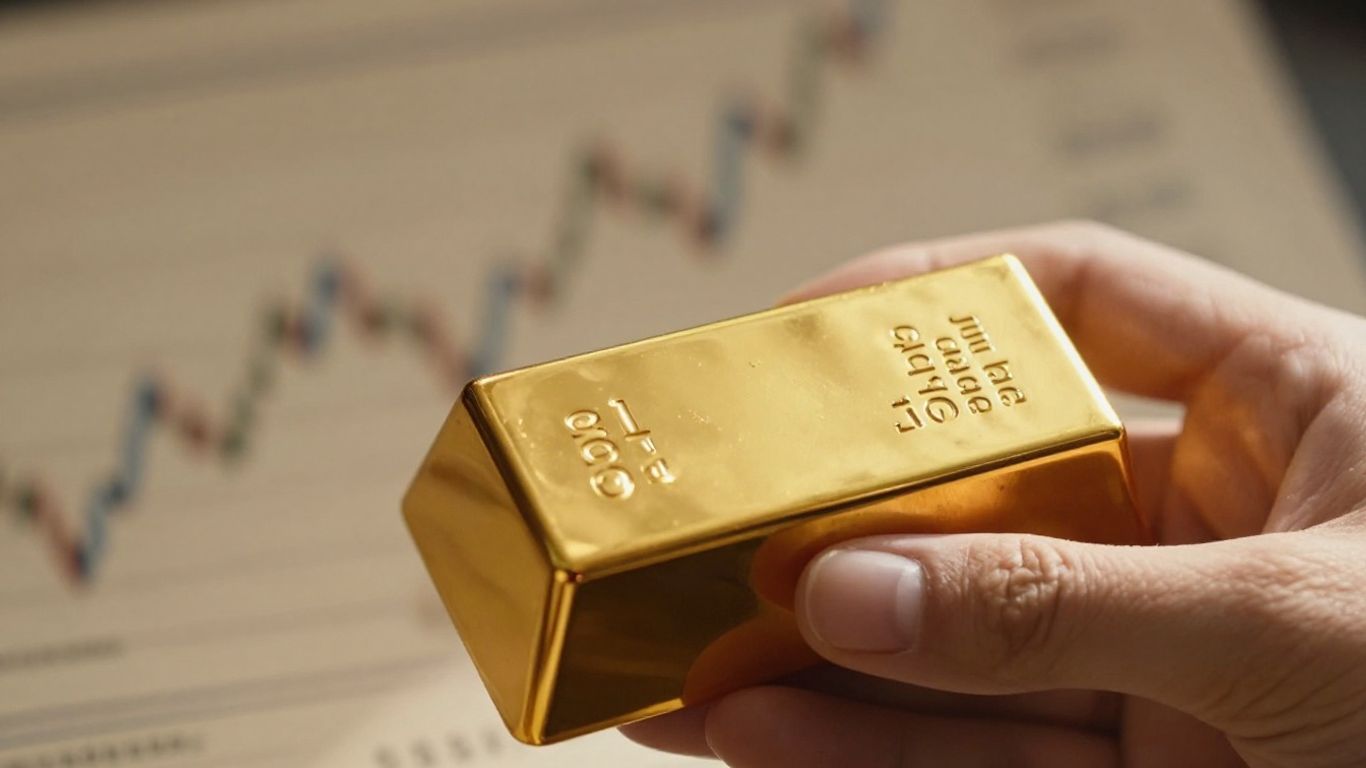 金手握着闪亮的金条，背景模糊。
