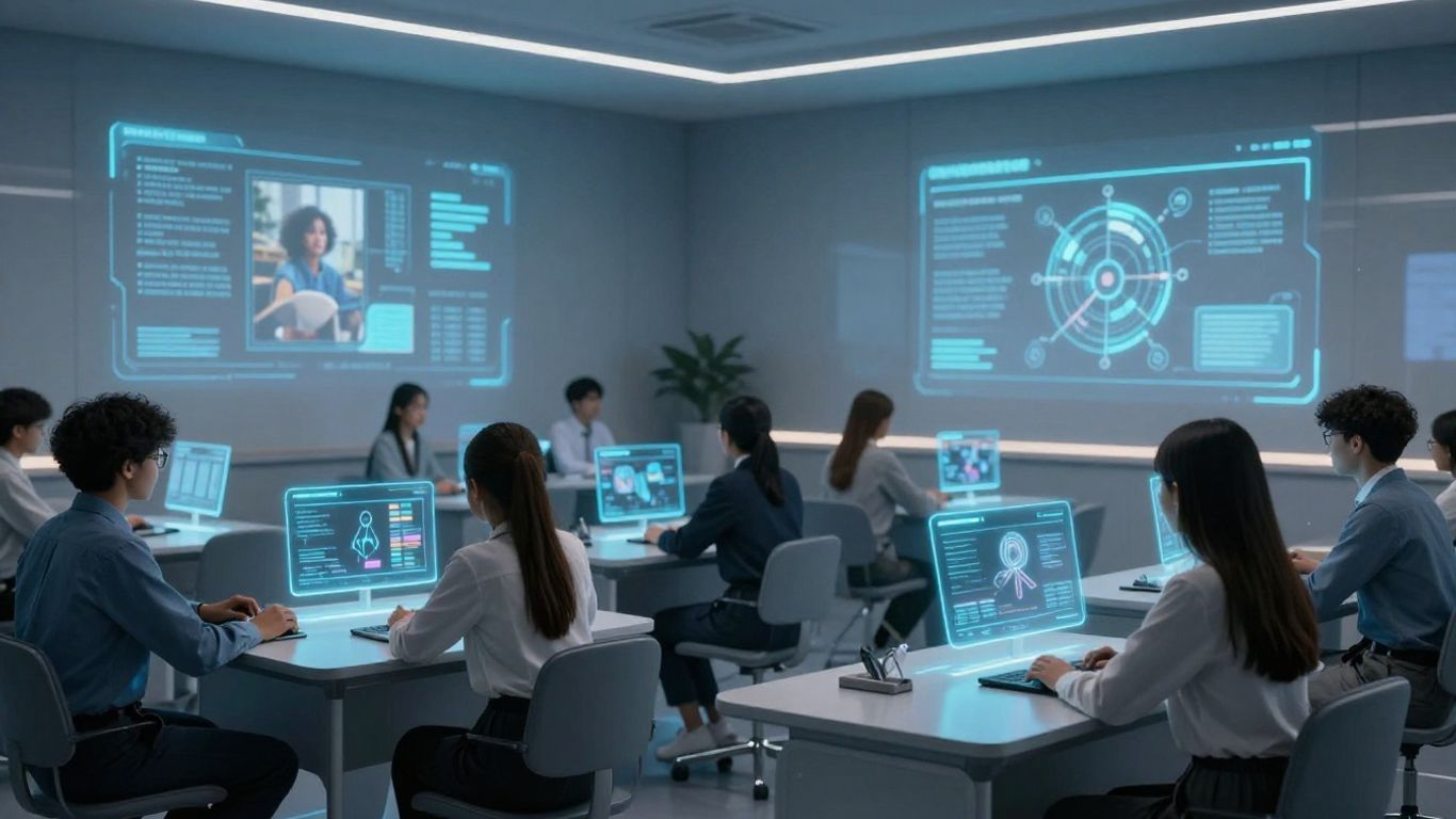 Students using AI in a futuristic classroom.