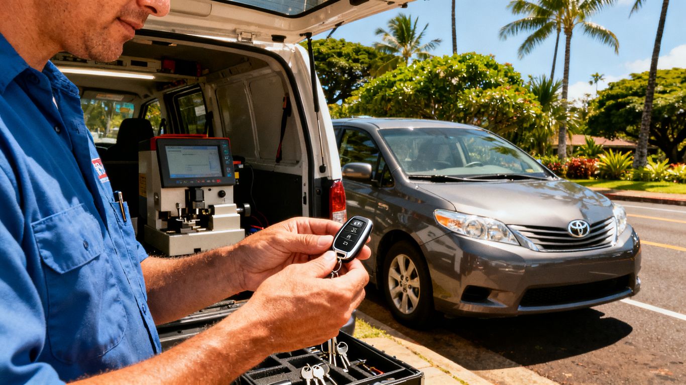 Mobile locksmith working beside Toyota