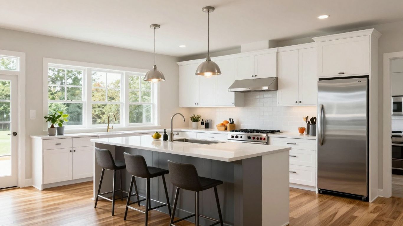 Modern open concept kitchen with island and appliances.