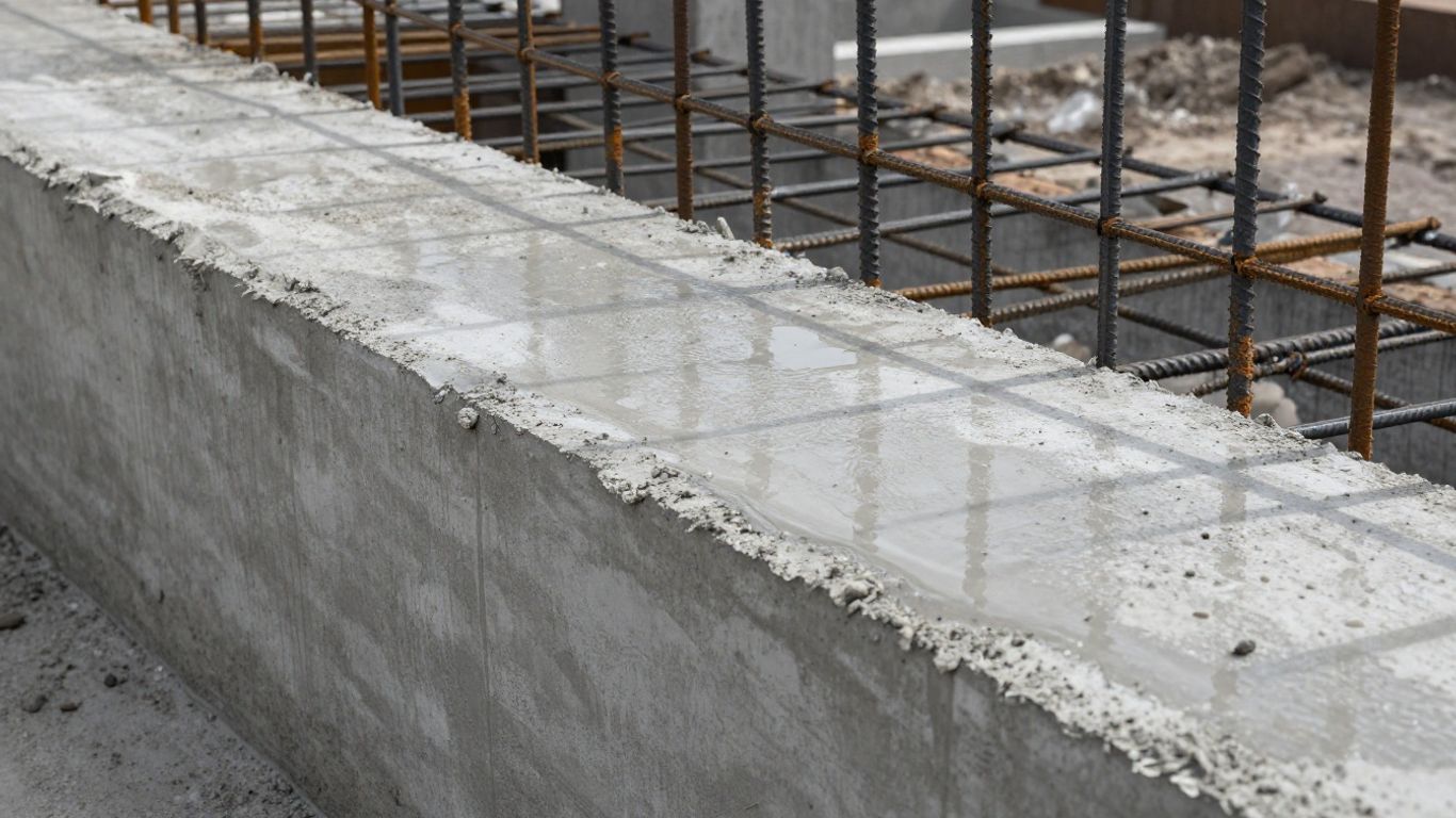 Newly poured concrete foundation with rebar reinforcement.