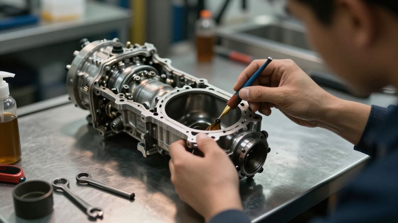 Technician inspecting an automatic transmission