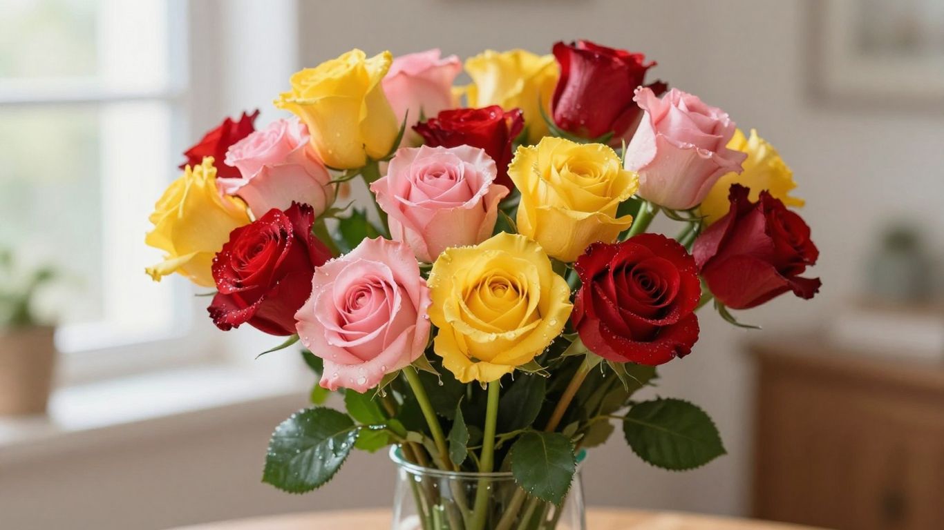 Fresh flower bouquet with roses, lilies, and tulips.