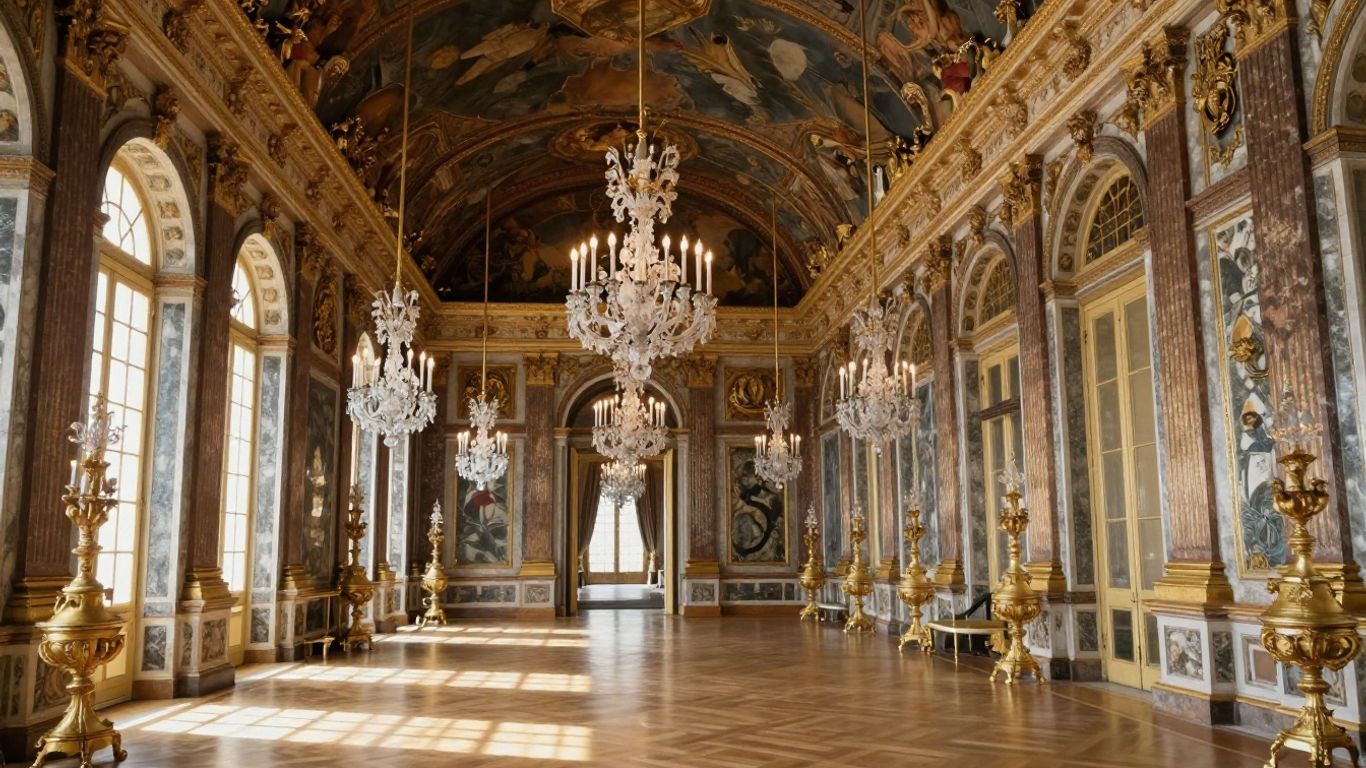 Opulent ballroom interior of Fontainebleau Palace with chandeliers.
