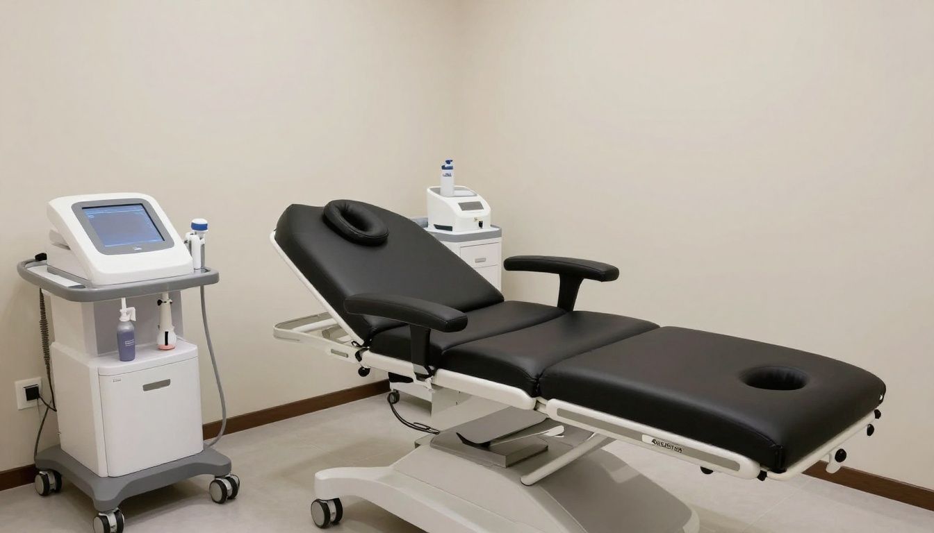 A serene and clean treatment room at a medical spa, with a comfortable treatment bed and advanced skincare equipment neatly arranged in the background.