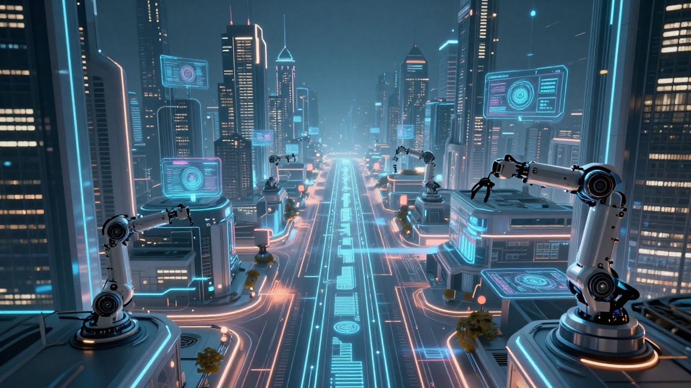 Futuristic cityscape with digital pathways and robotic arms.