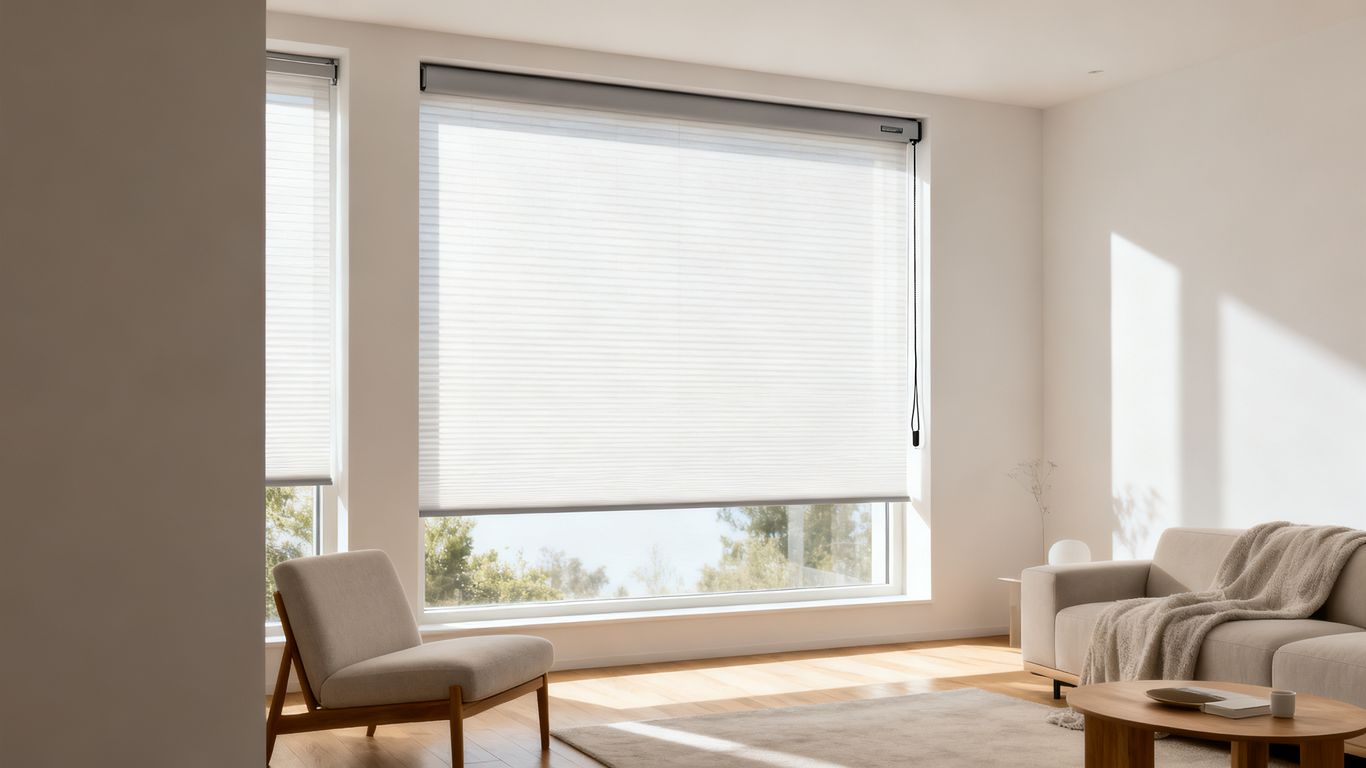 Cordless blind on a sunlit window in a modern room.